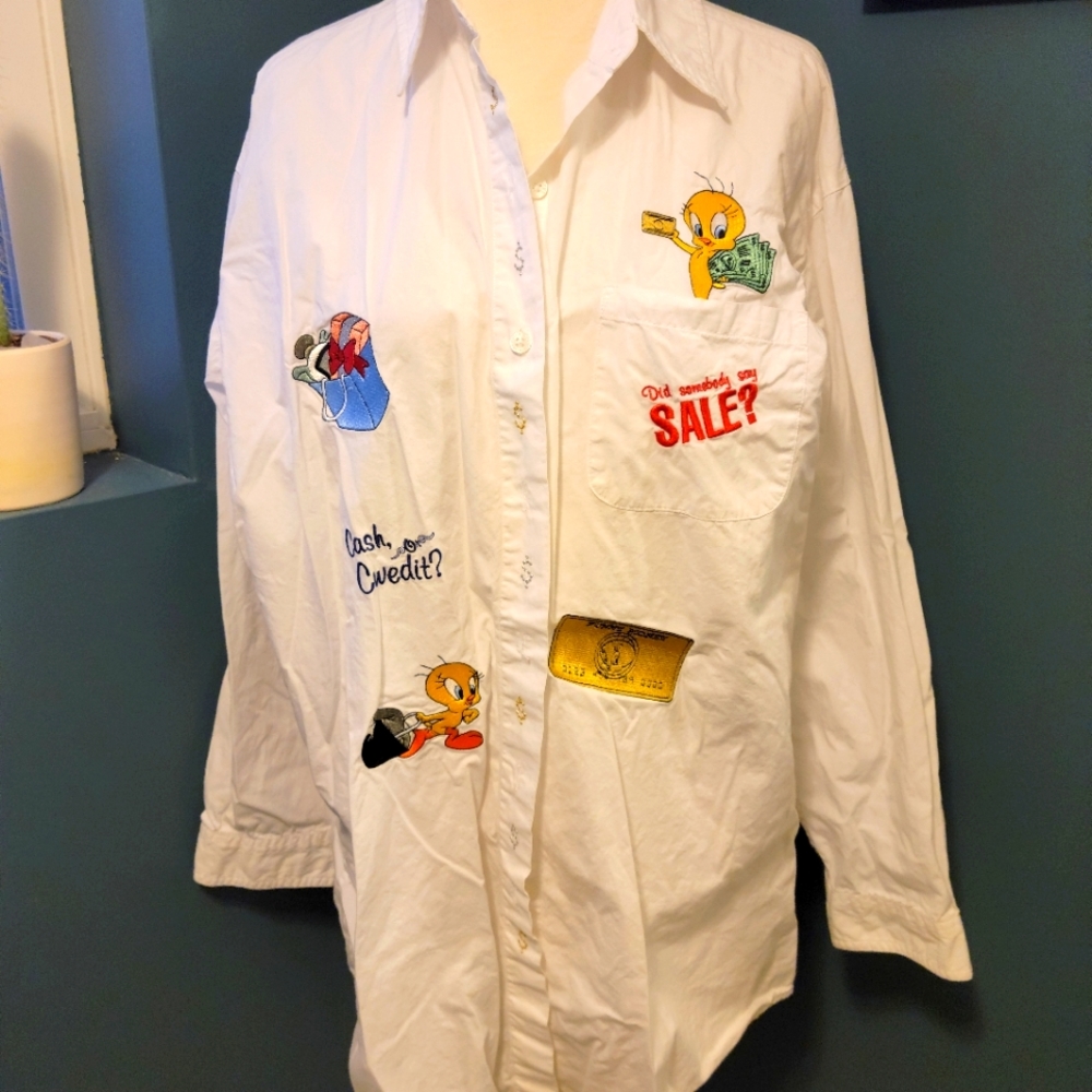 Vintage tweety bird tunic button up embroidered, Warner bros, 90s top, medium